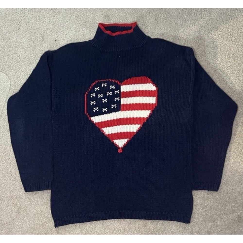 Vintage 1992 The Eagle's Eye American Flag Heart Sweater - Navy Blue Knit large